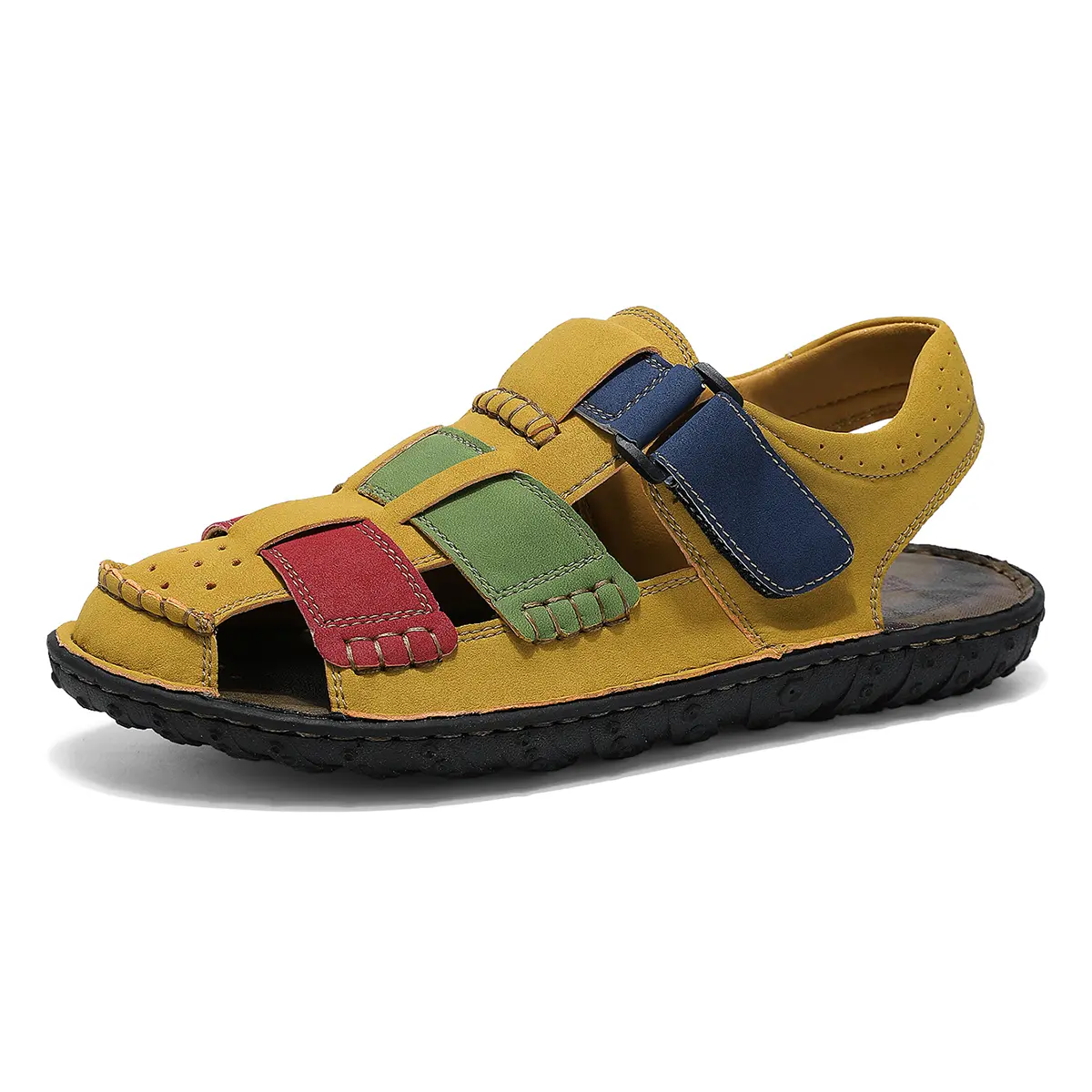 Unisex Cottagecore Fisherman Sandals, Minimalist Round Toe Color Block Patchwork Faux Leather Slingbacks with Hand-Stitched Details, Rubber Anti-Slip Sole, Cushioned Breathable Insole, Adjustable Buckle, Casual Daily City Walking Shoes