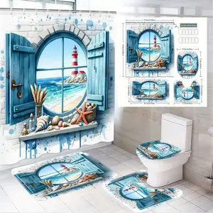 4pcs Coastal Seaside Theme Bathroom Accessory Set – Beach View Shower Curtain with Arched Window & Blue Shutters, Matching Toilet Seat Cover, Lighthouse & Starfish Bath Mats for a Relaxing Nautical Retreat