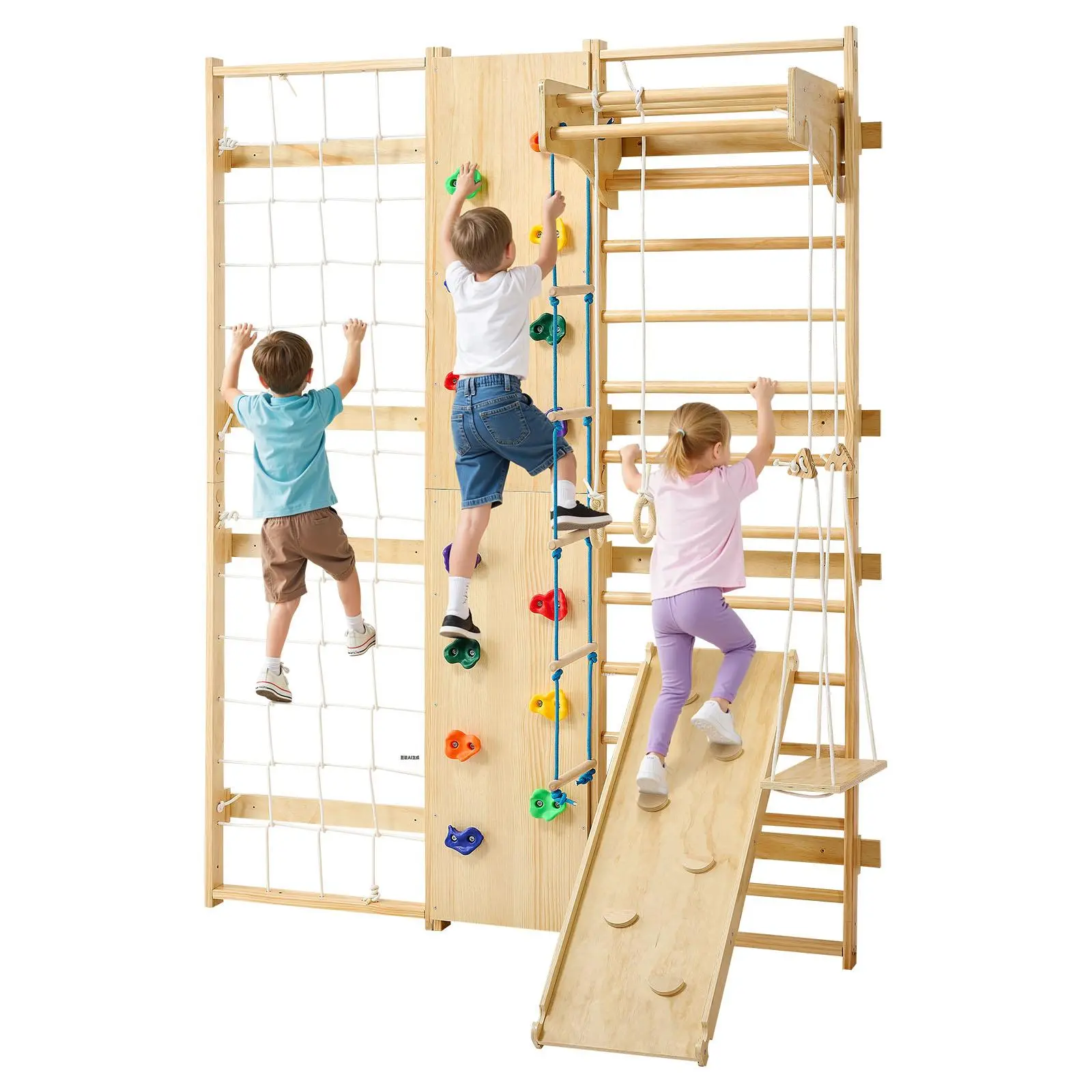 【SummerFinds】VEVOR Swedish Ladder Wall Gym,  9-in-1 12-Level Solid Wood Gymnastic Stall Bars for Kids Adults, 220LBS Indoor Jungle Gym with Rock Climbing Wall, Gym Rings, Pull-Up Bar, Climbing Board, Slide, Swing