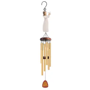 Sympathy   with Angel Figurine, Memorial Gifts for Loss of Loved One, "Listen to the " Bereavement Gift, Hand-Painted Resin Remembrance Decor for Garden or Patio, Soothing Melodic Tones wooden wind chimes
