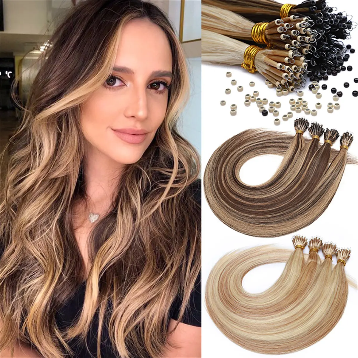 MY-LADY 50strands/Pack Nano Ring Human Hair Extensions 100% Remy Human Hair for Women Micro Loop Nano Beads Hair Extension campingessentials