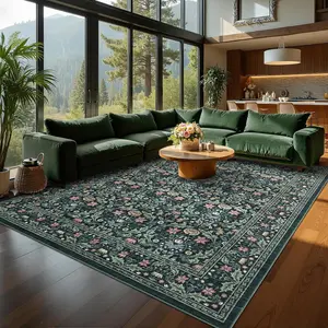 Washable Rugs for Bedroom Dining Room Area Rugs for Living Room, Non Slip, Soft Low Pile Stain Resistant Vintage Carpet for Farmhouse Home Decor Floral Green