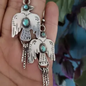 Handcrafted Vintage Bohemian Eagle Carved Turquoise Stone Tribal Dangle Earrings With Intricate Floral Engravings And Tassel Accents – Ethno-Chic Statement Jewelry For Women, Retro Festival Accessories Gift