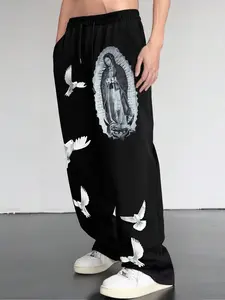 Men's Trendy Streetwear Prints Versatile Fashionable Long Pants, Casual Comfy Trousers, Casual Fitted Design with Pockets for Spring and Fall, Comfortable Soft Kint Knit Fabric