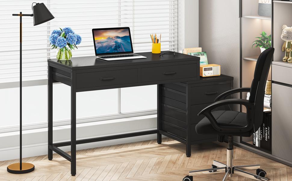 Tribesigns Computer Desk with 5 Drawers, Home Office Desks with Reversible Drawer Cabinet Printer Stand, Industrial PC Desk with Storage, Rustic Study Writing Table Workstation for Small Spaces, Black