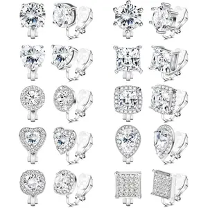 LOYALLOOK 10Pairs Cubic Zirconia Clip On Earrings for women Square Heart Ear Clips Earring Crystal Non-Pierced Clip Earrings