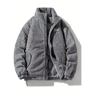 Unisex Corduroy Puffer Coat, Thickened Winter Warmth, Casual Stand Collar Zip-Up Jacket with Pockets, 100% Polyester, Long Sleeve, Regular Length, Woven Fabric, Loose Fit, Solid Color