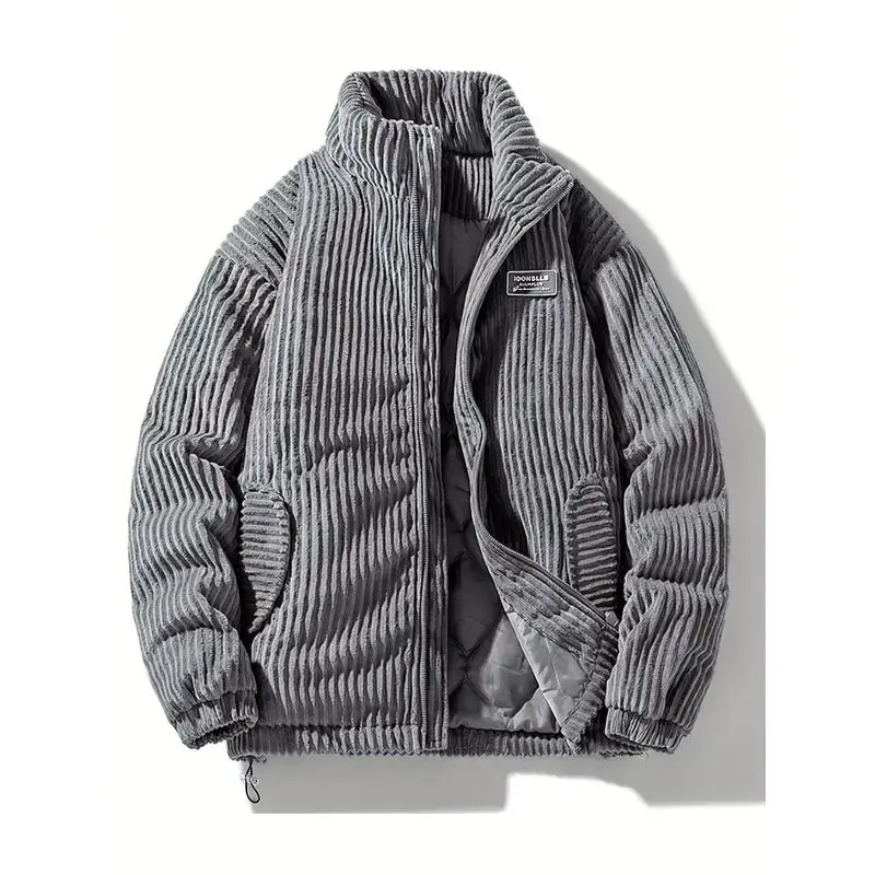 Unisex Corduroy Puffer Coat, Thickened Winter Warmth, Casual Stand Collar Zip-Up Jacket with Pockets, 100% Polyester, Long Sleeve, Regular Length, Woven Fabric, Loose Fit, Solid Color