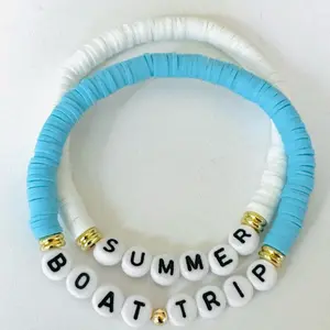 Women's & Men's 2-PC Heishi Boat Trip Bracelets - Blue & White Fashionable Couple Bracelet Set, Clay Disc Jewelry Accessory, Summer Vibes Gifts for Boyfriend Girlfriend