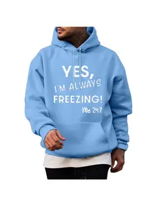 Men's Long Sleeve Hooded Sweatshirts Casual Fashion Solid Pullover Leteer Graphic Hoodie With Pocket Sweatshirts B-Light Blue