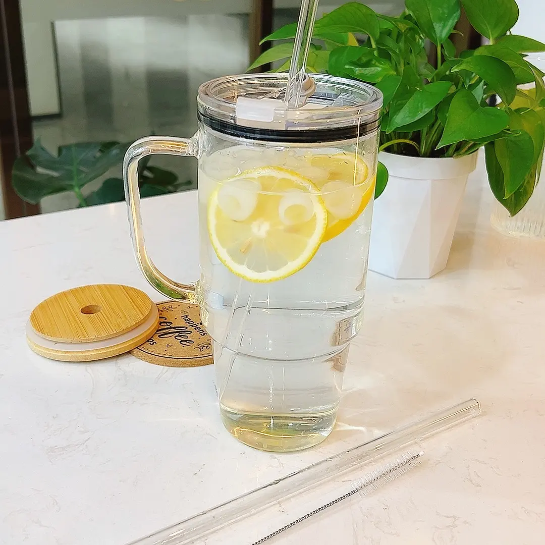 40oz Glass Tumbler with Leakproof Plastic Lid & Straw Spill-Proof Design Easy to Clean No Mold Reusable Iced Coffee Cup for Car Drinkware Durable Travel Mug with Handle BBQ Party Pitcher with Lid College Dorm Essentials Study Cup