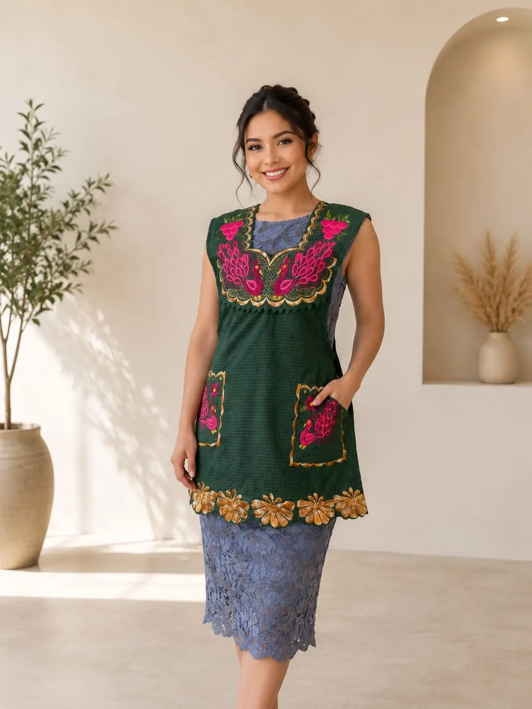 Embroidered Peacock Apron