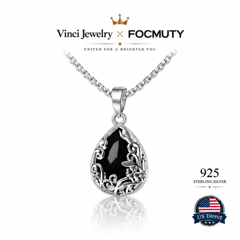FOCMUTY 925 sterling silver Vintage Black Obsidian Teardrop Pendant Necklace Elegant Floral Gothic Inspired Crystal Necklace Minimalist Statement Jewelry for Women Everyday Wear Wedding Party Anniversary Birthday Holiday Gift Classic Fashion Accessory