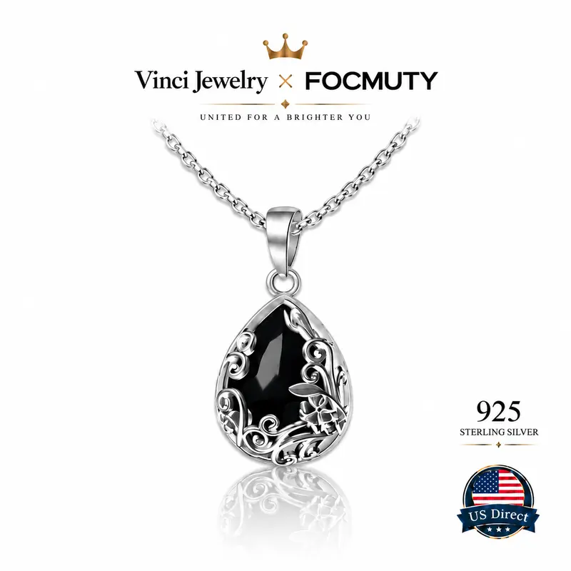 FOCMUTY 925 sterling silver Vintage Black Obsidian Teardrop Pendant Necklace Elegant Floral Gothic Inspired Crystal Necklace Minimalist Statement Jewelry for Women Everyday Wear Wedding Party Anniversary Birthday Holiday Gift Classic Fashion Accessory
