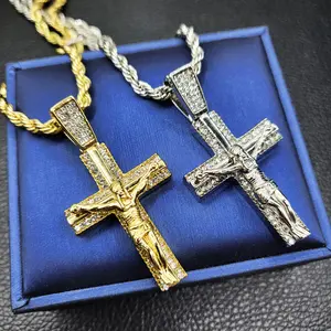 Cross Religious Jesus Body Iced Pendant & 4mm 18" 20" 24" Rope Chain Hip Hop Necklace Jewelry Unisex Men Women