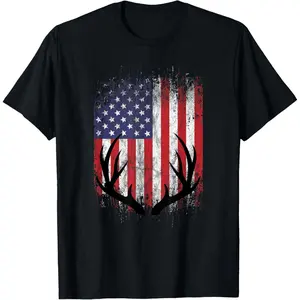 Deer Hunting American Flag Whitetail Buck Antlers Short Sleeve T-Shirt Graphic tees