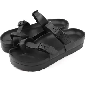 Womens Arch Support Platform Sandals Comfort Slides Thick Soles Flat Sandals With Adjustable Buckle & Ultra Cushion