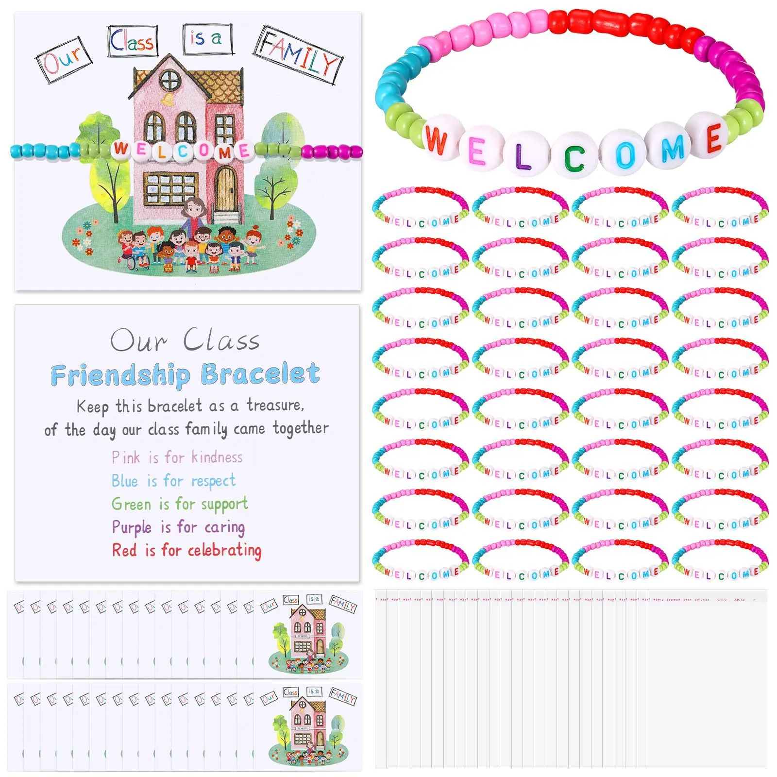 25-Set Vibrant Acrylic Letter Beads Friendship Bracelets Colorful Set with Class Family Cards & Gift Bags, Back to School Party Favors for Students, Class Parties Supplies