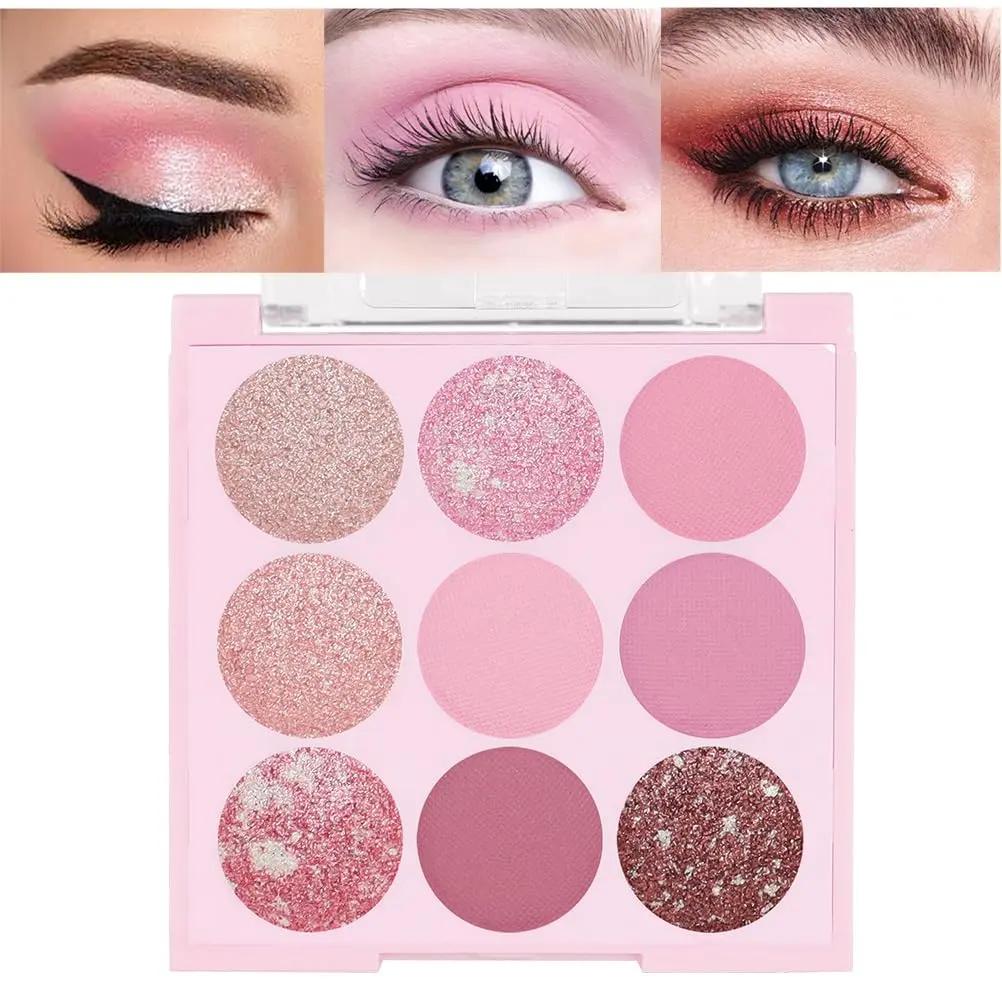 Summer Gift Pink Shimmer Eye Shadow Makeup Palette 9 Colors, Highly Pigmented Matte Glitter Shimmer Pearl Waterproof Party Sparkling Eyeshadow Palette for girl (9 Colors pinks)