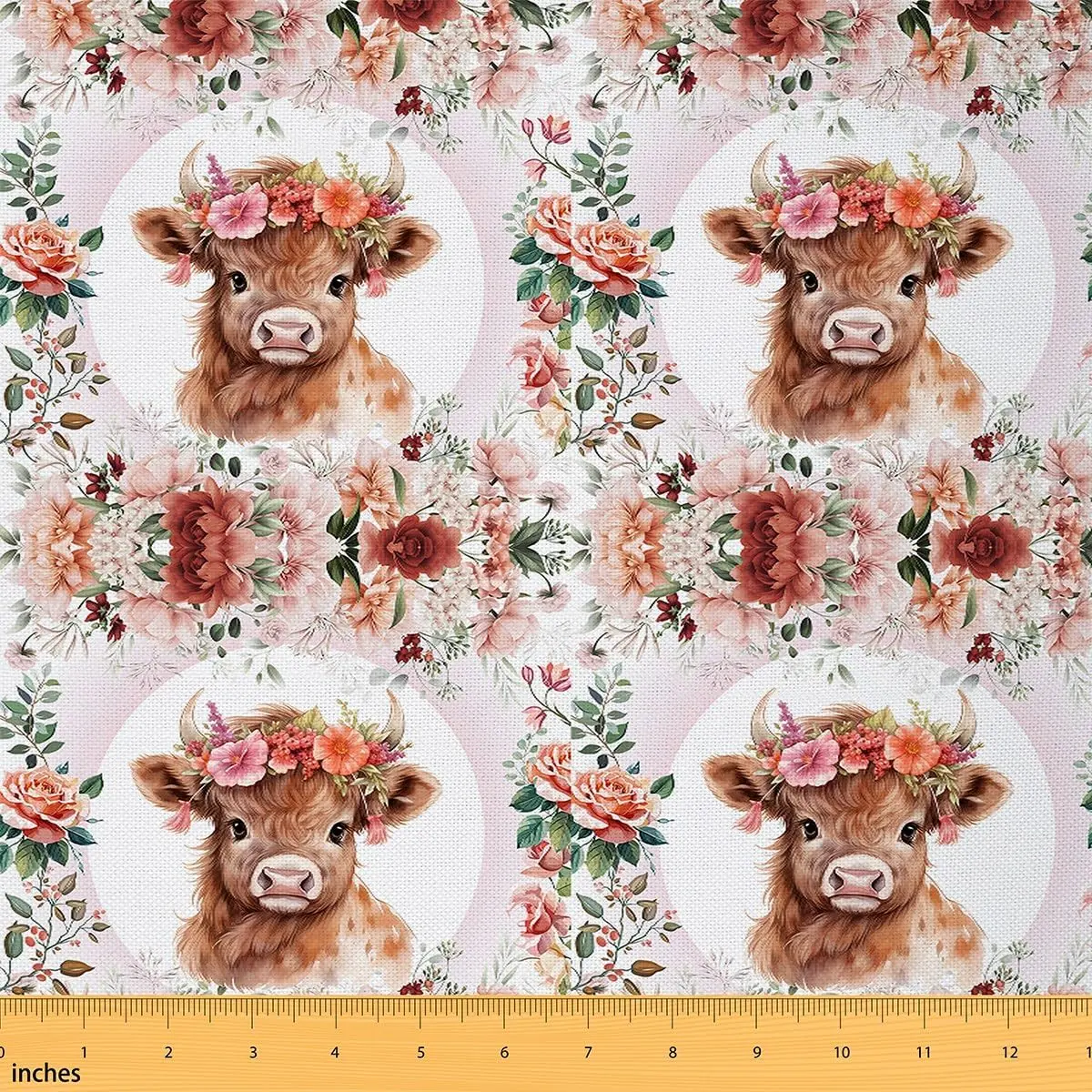 Cute Highland Cow Fabric by The Yard,Cartoon Animal Decorative Waterproof Fabric,Flower Floral Print Upholstery Fabric,Farm DIY Reupholstery Fabric, Durable Polyester, Diy Upholstery