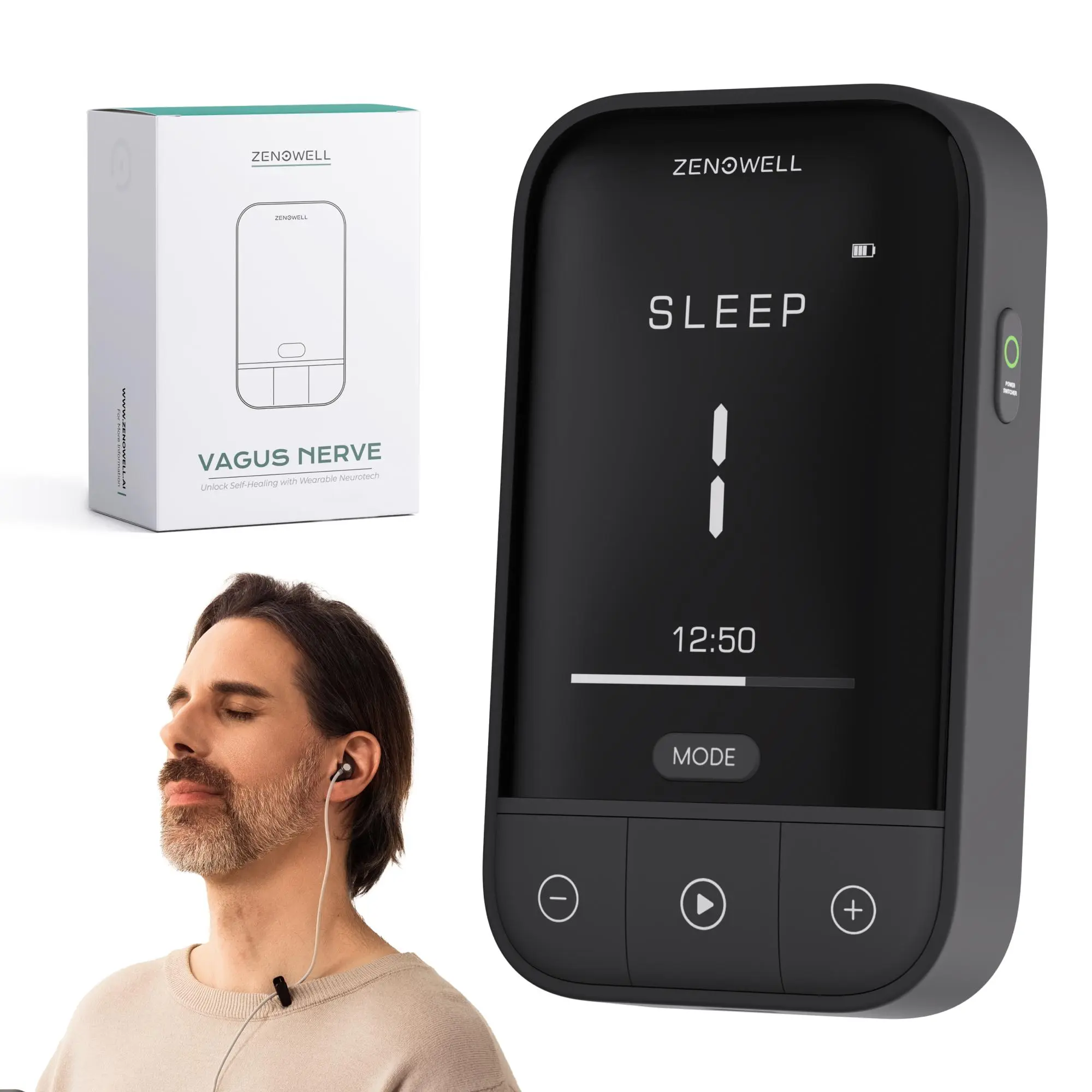 ZenoWell Vita Ear-Worn Wellness Device, Portable Wearable with 3 Modes, Cordless & Rechargeable, Black