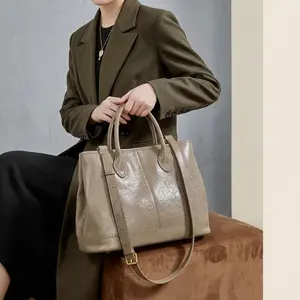 Taupe Top Grain Cowhide Tote Bag for Women Classic Spacious Satchel Work Purse