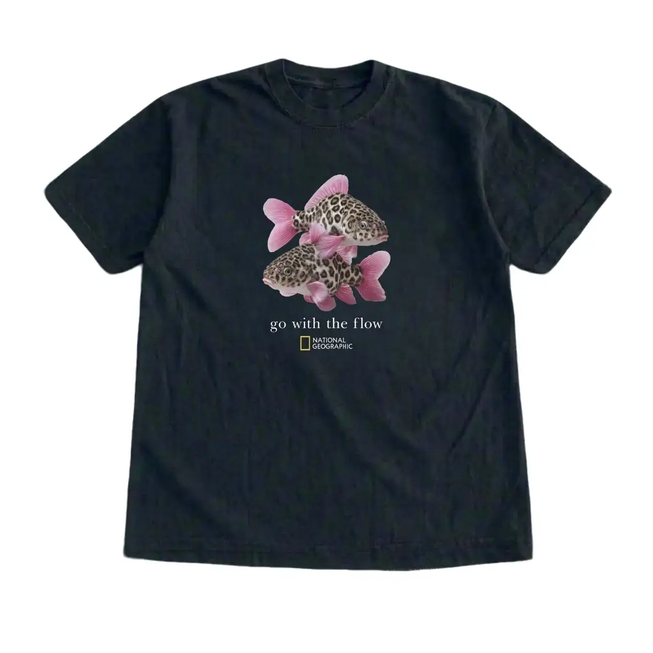 National Geographic Leopard Fish Graphic Tee - Go With The Flow Y2K McBling T-Shirt Unisex Black Short Sleeve Cotton Top