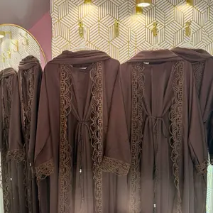 Chocolate Brown Lace Abaya 3 Pcs Set with Elegant Lace Details and Soft Fabric for Comfort Everyday Wear