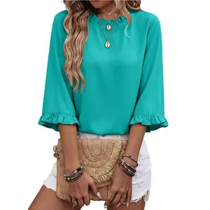 EncoLax Women's 3/4 Sleeve Crewneck Casual Ruffle Shirts 2026 Chiffon Boho Lace Trendy Blouses Tops