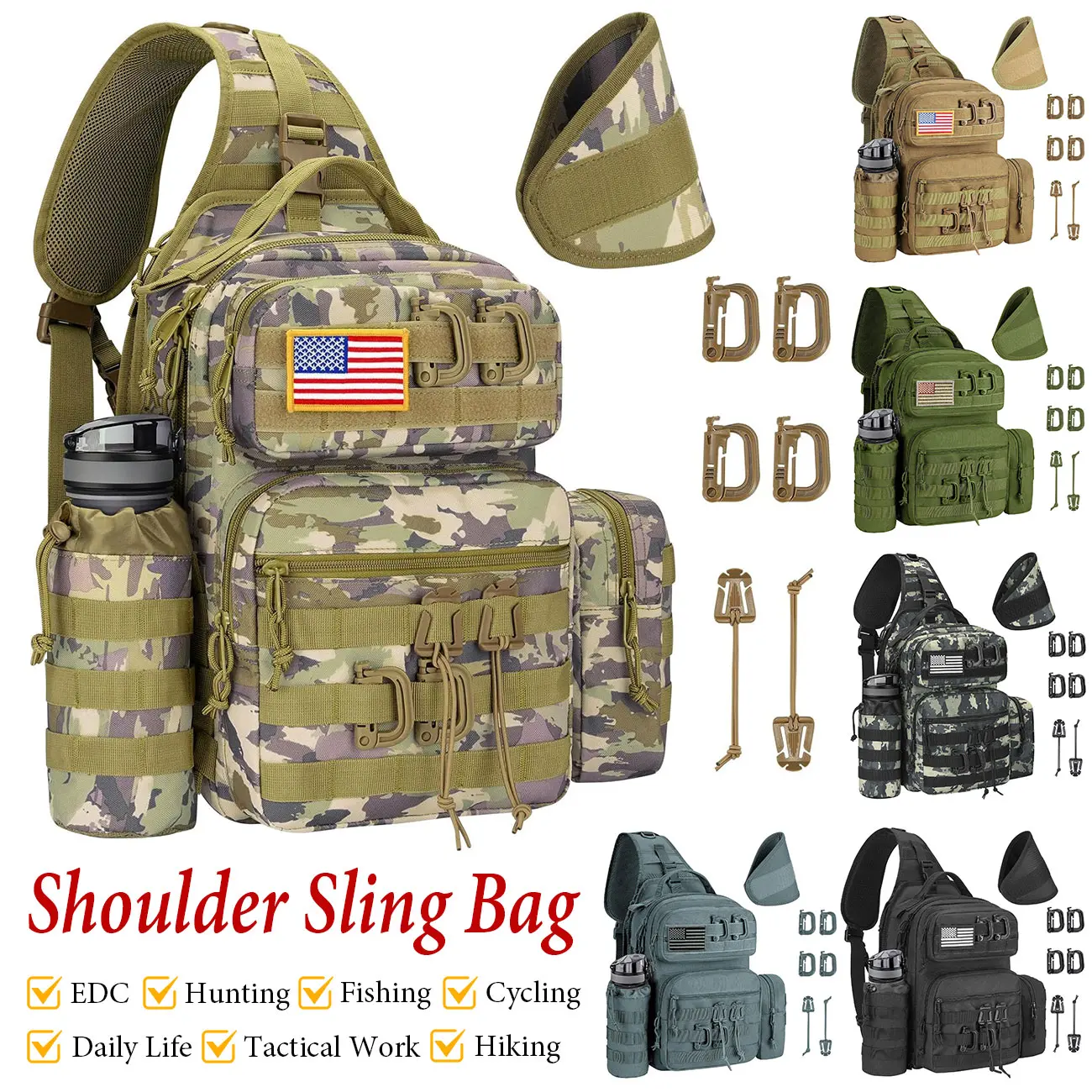CVLIFE Tactical Sling Bag Backpack for Men Shoulder Sling Bag Molle Assault Detachable with Bottle Holder Concealed Carry Daily Day Pack Work Bag for EDC Hiking Hunting