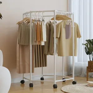 Wheeled Hexagonal Rotary Hanger - Stable Metal Tube, Independent Hanging Hanger, Portable Design, Efficient Clothing Storage and Display, Black, Laundry Organizer | Hexagonal Design