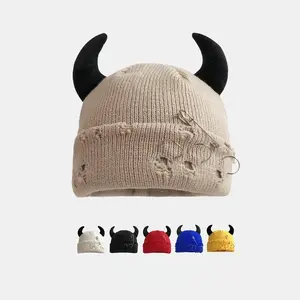 Unisex Knitted Beanie - Halloween Hats with Devil Horns, Distressed Skull Cap, Warm Yarn Design for Winter Hip Hop Style