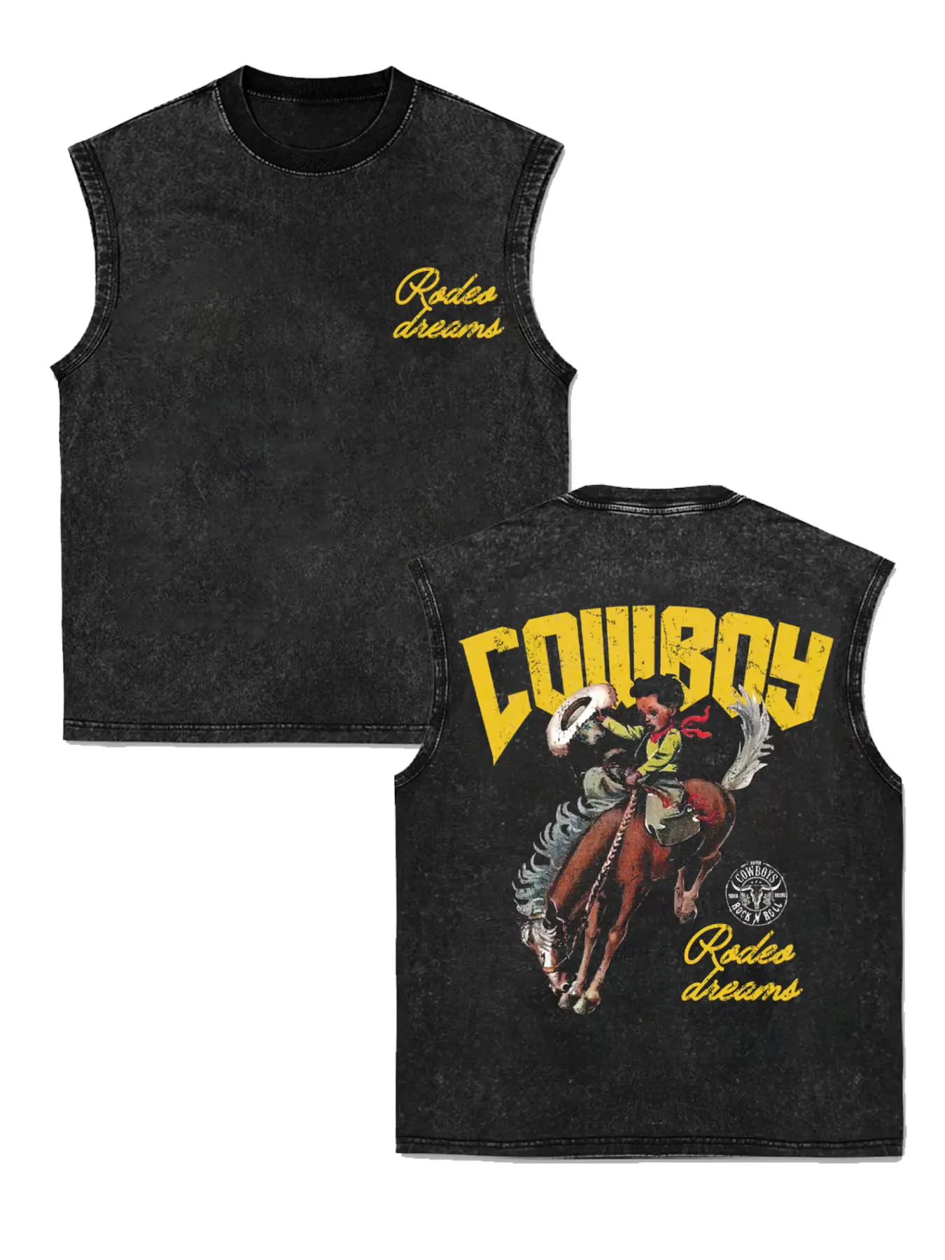 1 PCS "Rodeo Dreams" Retro Kid Cowboy Horse Graphic Print, Vintage Western Streetwear, 100% Cotton Breathable Unisex Vest, Ideal for Daily Wear & Rodeo Fans