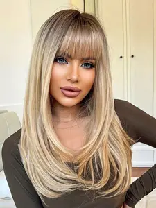 Blonde Ombre Color Long Layered Straight Wigs for Women, Gorgeous Fluffy Wigs with Blunt Bangs, Synthetic Wigs for Party, Daily Use, Synthetic Natural Looking
