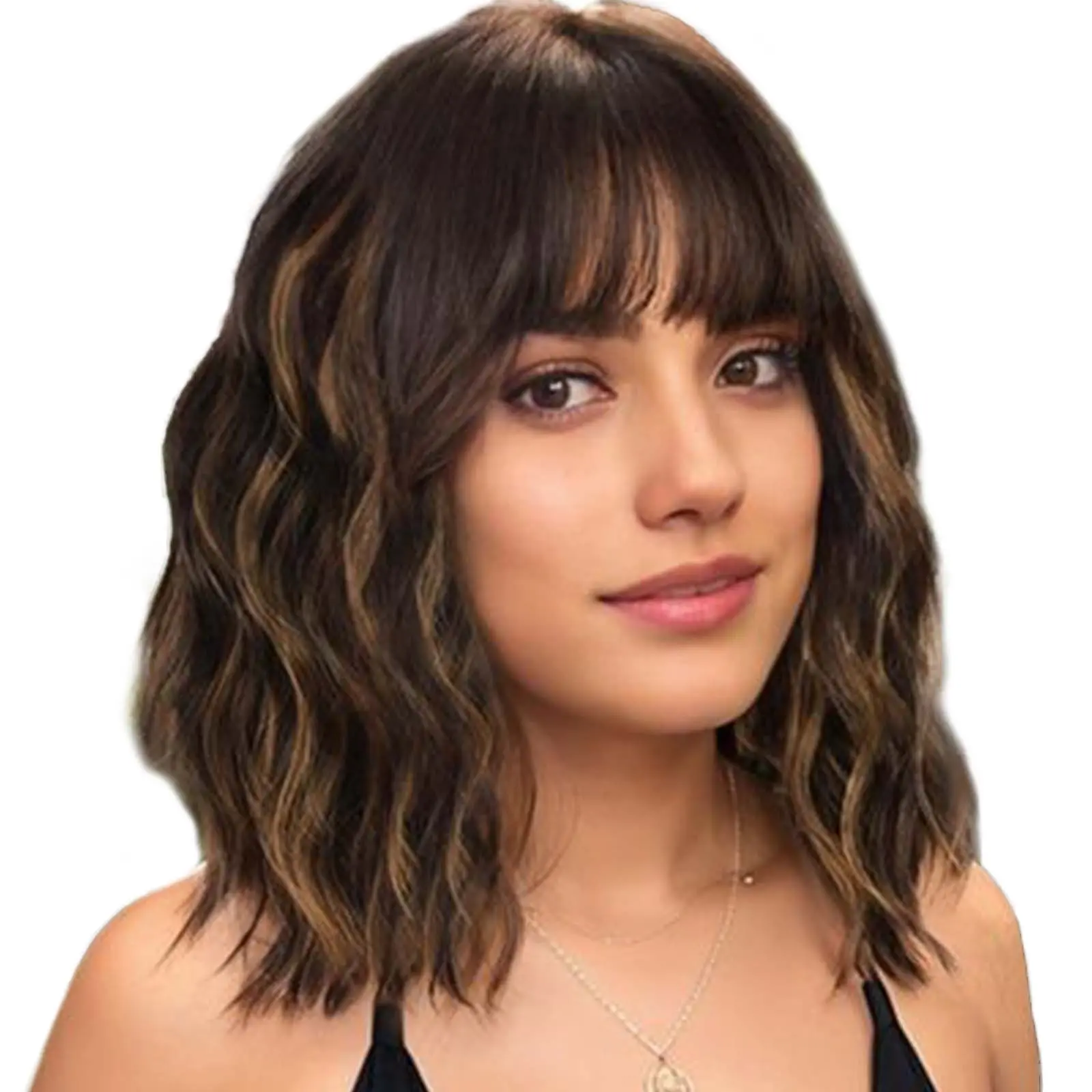 AISI HAIR 16 inch short Curly Bob Wig with Bangs Natural Brown with Blonde Highlight Short Wavy Bob Hair Wigs for Women Natural Looking Heat Resistant Stylist Friendly Wig Pre Cut Wigs Pre Cut Wigs