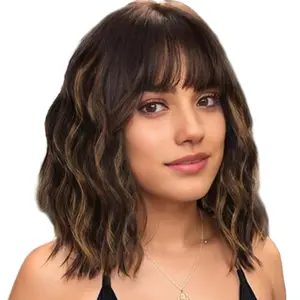 SummerVibes AISI HAIR 16 inch short Curly Bob Wig with Bangs Natural Brown with Blonde Highlight Short Wavy Bob Hair Wigs for Women Natural Looking Heat Resistant Stylist Friendly Wig Pre Cut Wigs