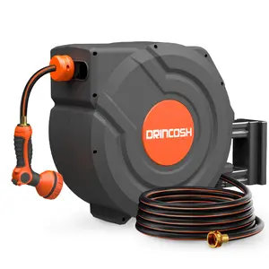 【FathersDayGift】DRINCOSH Retractable Water Hose Reel, Wall Mount Garden Hose Reel with 9-Pattern Nozzle, Slow Return, Any-Length Lock and 180° Swivel Bracket for Lawn, Yard and Car Washing, power washer