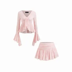 Cider Lace V-neck Pointelle Bell Sleeve Crop Top With Ruched Mini Skirt Set