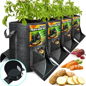 [Upgraded] 4 count 15 Gallon  Grow Bags with  Harvest Window & Visible Window, Non-Woven Planter Pot with Sturdy Handle,  Growing Container,  Garden Bags to Grow Vegetables, Tomato