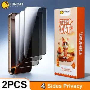 [2PCS] FUNCAT GLOBAL FULL Privacy Screen Protector [4 Sides Privacy]. Screen film for iPhone 16/15/14/13/12 [LEFT, RIGHT, UP, DOWN], Strong Protection, Anti-Spy, Electroplated Layer, Full screen covering (Headset Cover), Fingerprint-Proof.
