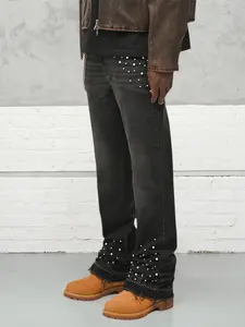 Men's Heavy Crafted Embroidered Fitted Flare Jeans, Gradient Beaded Denim Flared Jeans, Casual Elastic Flare Jeans, Comfortable Fashion Design