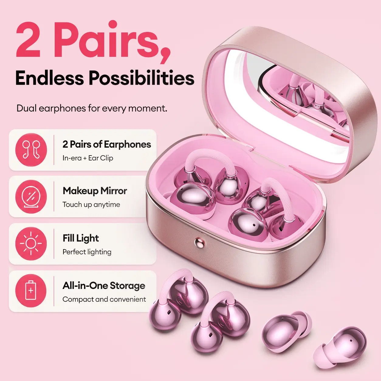 M195 2-in-1 Wireless Earbuds, One Case with In-Ear & Clip-On Earbuds, Beauty Mirror with Built-in Fill Light, Jewelry Box Design, Bluetooth 6.0, Hi-Fi Stereo Sound, IP67 Waterproof, Stylish Gift for Women & Girls, Compatible with Android & iOS