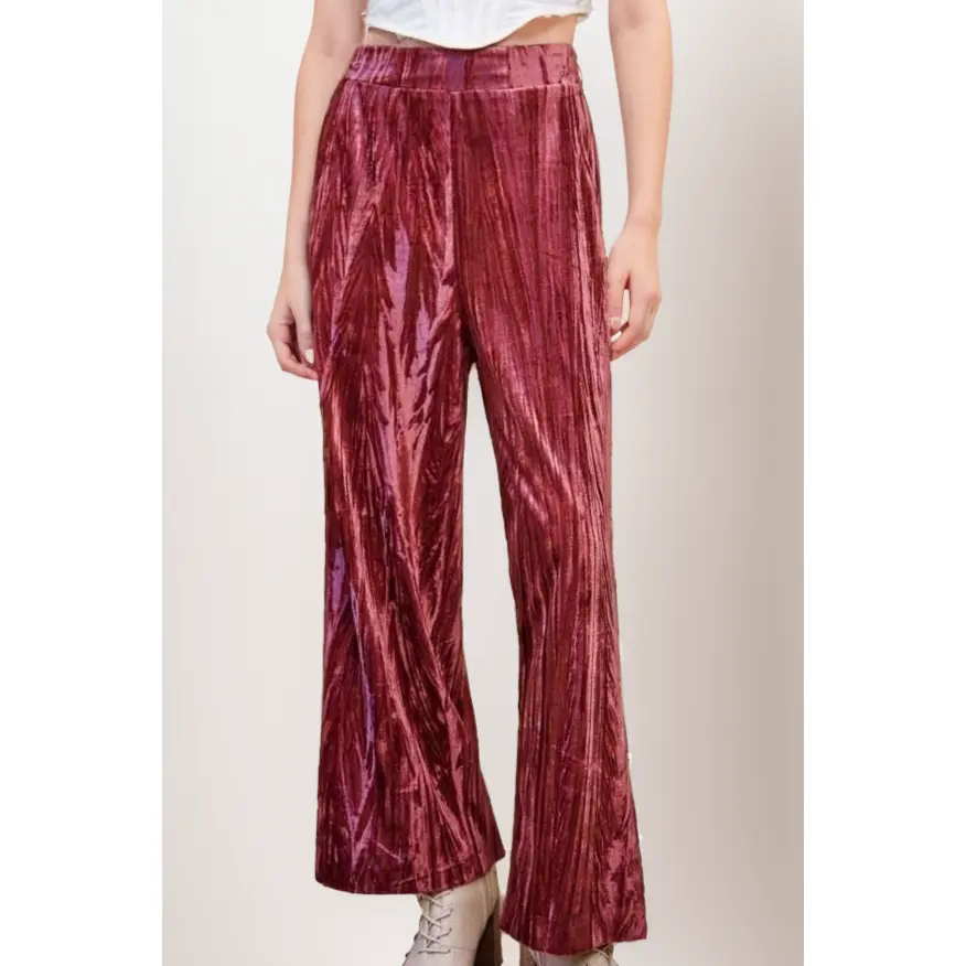 Crinkled Velvet Elastic-Back Wide-Leg Pants