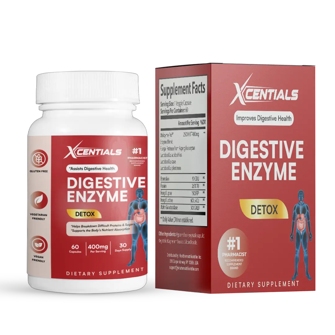 Xcentials Digestive Enzyme Supplement with Probiotics - 60 Capsules for Bloating Relief & Gut Health Support - 400mg Detox Formula for Enhanced Nutrient Absorption - Vegan, Gluten-Free, Made in USA