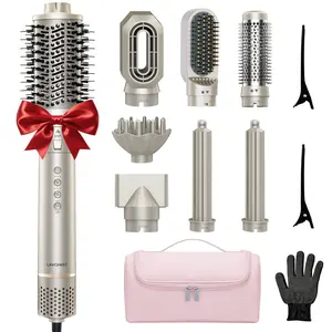 8-in-1 Dual Voltage Hot Air Styler & Hair Dryer Brush with Straightener & Curler Attachments, 110,000 RPM Ionic Fast Drying for Frizz-Free Styling, Includes Travel Bag