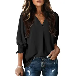 Dokotoo Women's V-Neck 3/4 Sleeve Oversized Tunic Tops Casual Summer Blouses Fitted Shirts 100% Polyester Comfortable Fabric
