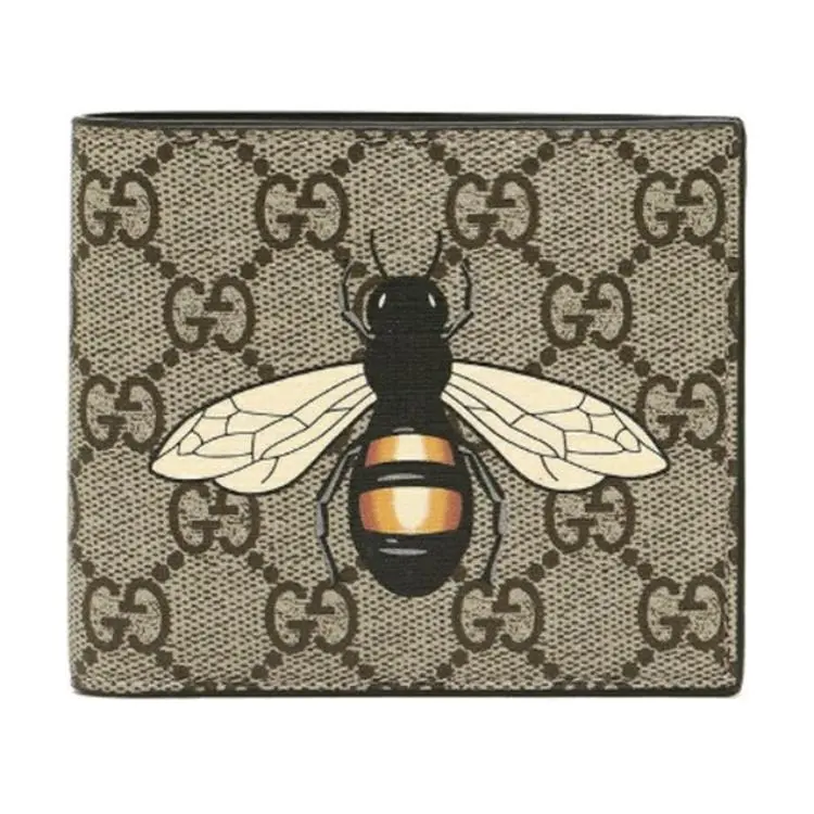Men's Gucci Ebony Bee-Print GG Canvas and Leather Bifold Wallet, Elegant Fashion Accessory with Functional Wallet Storage, Elegant Fashion Wallet