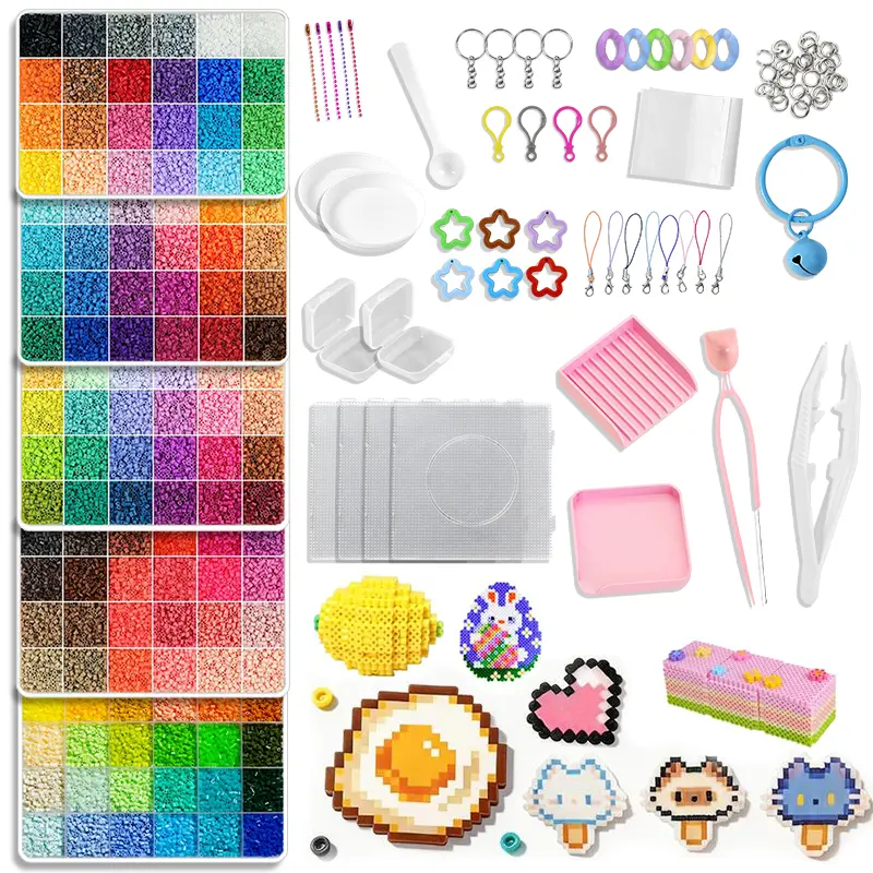 【Summervibes】24/48/72/96-Color Plastic Fuse Beads Set, 2.6mm 3D Pixel Puzzle Beads, DIY Craft Bead Kit with Nail Board, Ironing Paper, Tweezers and DIY Beading Accessories, DIY Jewelry Accessories, DIY Jewelry Making,Graduation gifts
