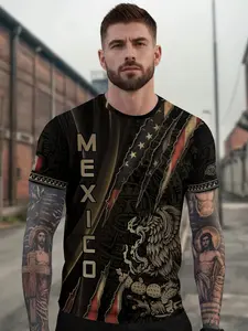 Mexico Usa Flag Eagle Claw Aztec Heritage Warrior Shirt, Fitted Short Sleeve Letter Pattern, All Seasons Clothing