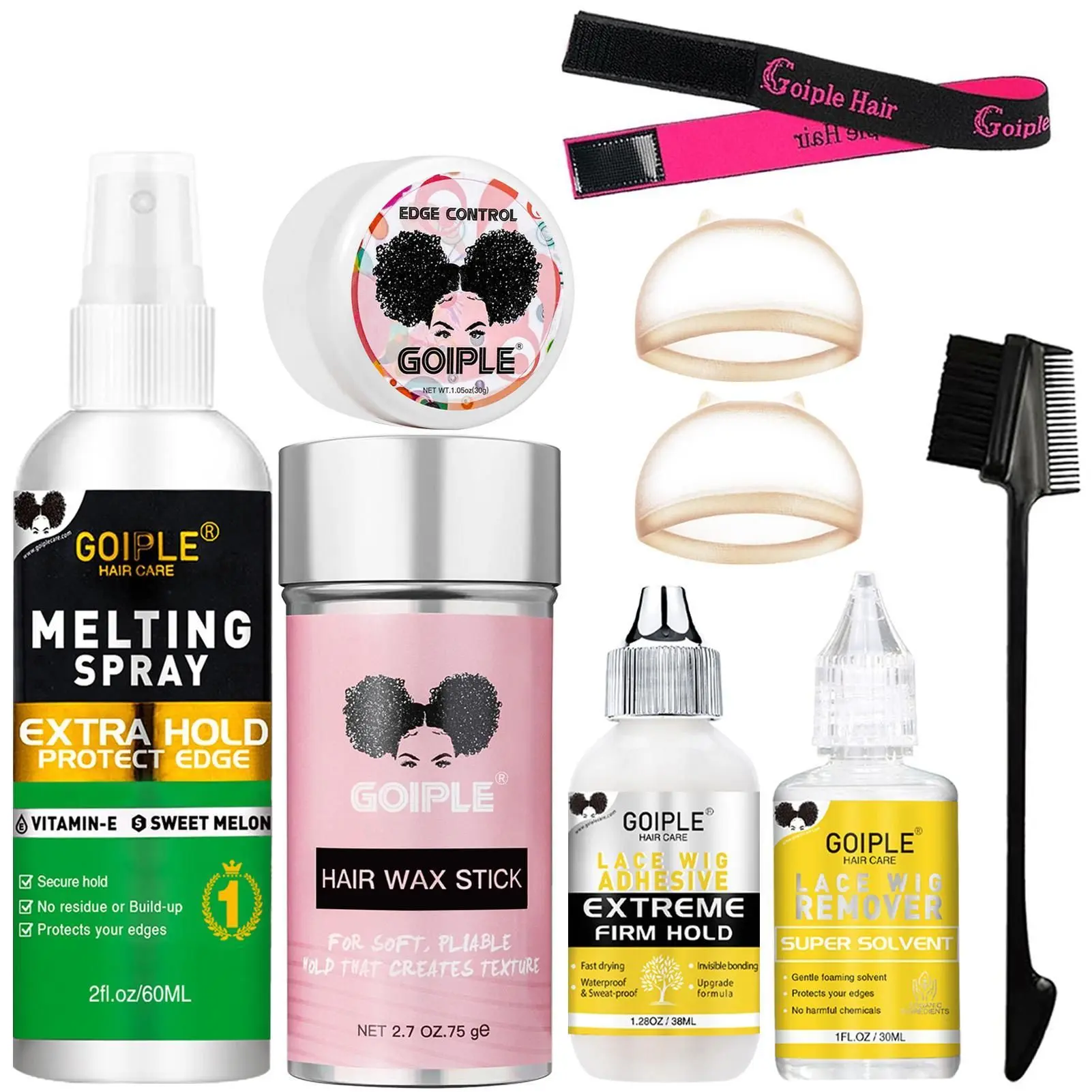 Lace Front Wig Glue Kit - 9 Count Set with Glue, Remover, Wig Caps, Edge Control, Hair Wax Stick, and Edge Brush Gel Brazilian Weave